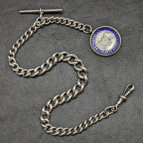 1920s British Antique Extra Thick Pure Silver (925 Silver) Albert Chain 75g Medal Fob